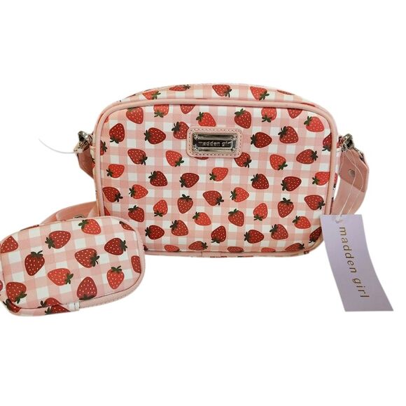 Madden Girl Camera Crossbody Pink White Red Strawberry Print Coin Purse NWT - Picture 1 of 10